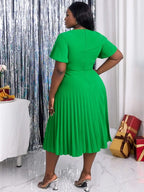 DRESS Asymmetrical Neck Ruffles Short Sleeve Pleated Dress