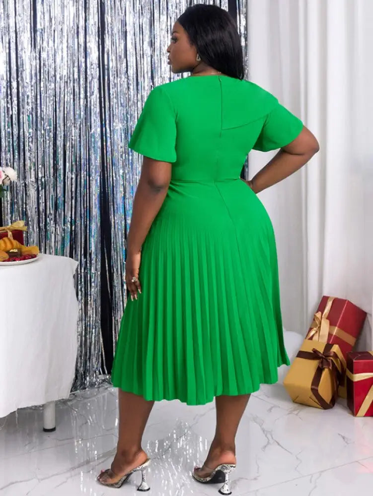 DRESS Asymmetrical Neck Ruffles Short Sleeve Pleated Dress