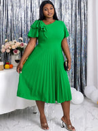 DRESS Asymmetrical Neck Ruffles Short Sleeve Pleated Dress