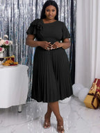 DRESS Asymmetrical Neck Ruffles Short Sleeve Pleated Dress