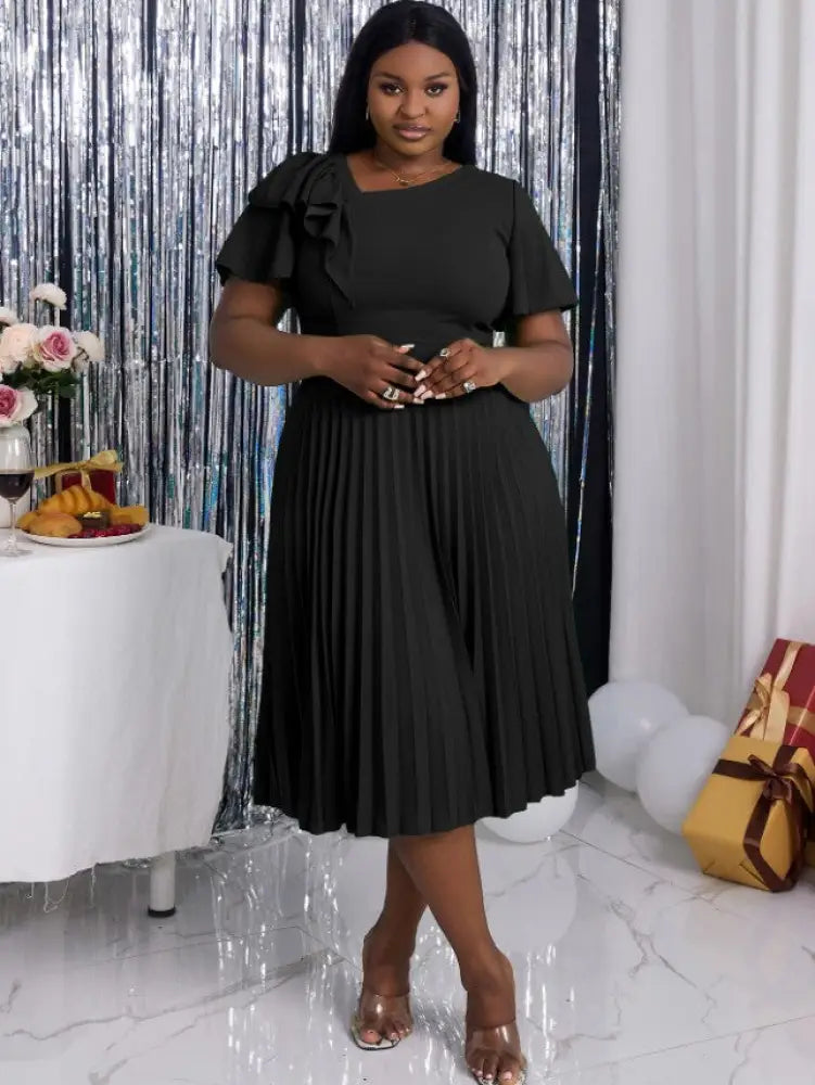 DRESS Asymmetrical Neck Ruffles Short Sleeve Pleated Dress