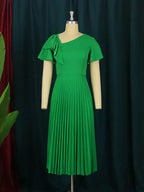 DRESS Asymmetrical Neck Ruffles Short Sleeve Pleated Dress