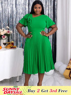 DRESS Asymmetrical Neck Ruffles Short Sleeve Pleated Dress
