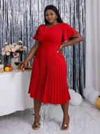 DRESS Asymmetrical Neck Ruffles Short Sleeve Pleated Dress