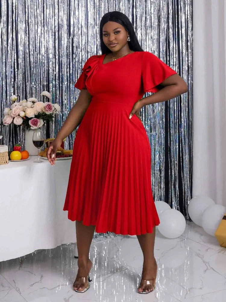 DRESS Asymmetrical Neck Ruffles Short Sleeve Pleated Dress