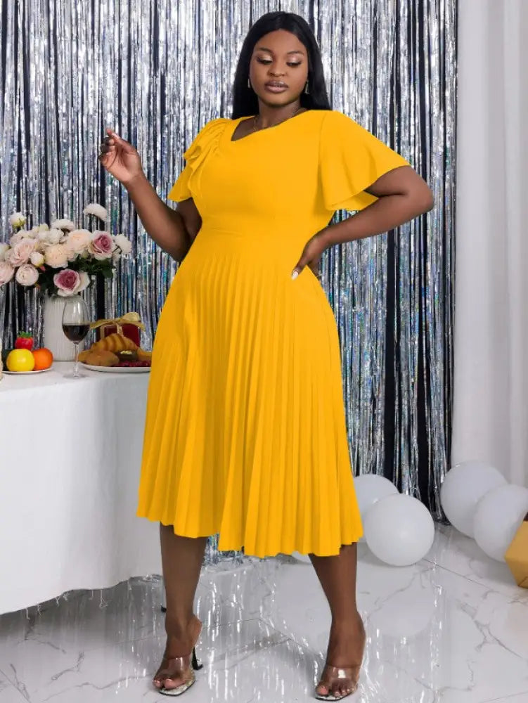DRESS Asymmetrical Neck Ruffles Short Sleeve Pleated Dress