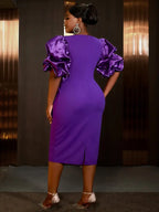 DRESS Beaded Dress Short Sleeve Purple Ruffle Bubble Sleeve Square Neck