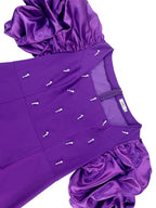 DRESS Beaded Dress Short Sleeve Purple Ruffle Bubble Sleeve Square Neck
