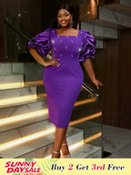 DRESS Beaded Dress Short Sleeve Purple Ruffle Bubble Sleeve Square Neck