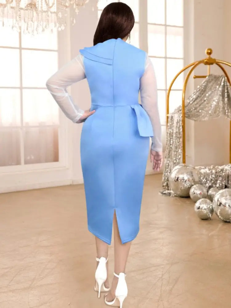 DRESS Beaded Party Dress O Neck Long See Through Sleeve Ruffles