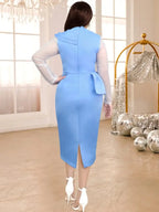 DRESS Beaded Party Dress O Neck Long See Through Sleeve Ruffles