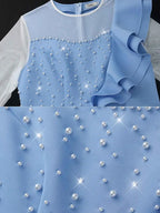 DRESS Beaded Party Dress O Neck Long See Through Sleeve Ruffles