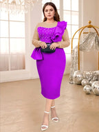 DRESS Beaded Party Dress O Neck Long See Through Sleeve Ruffles