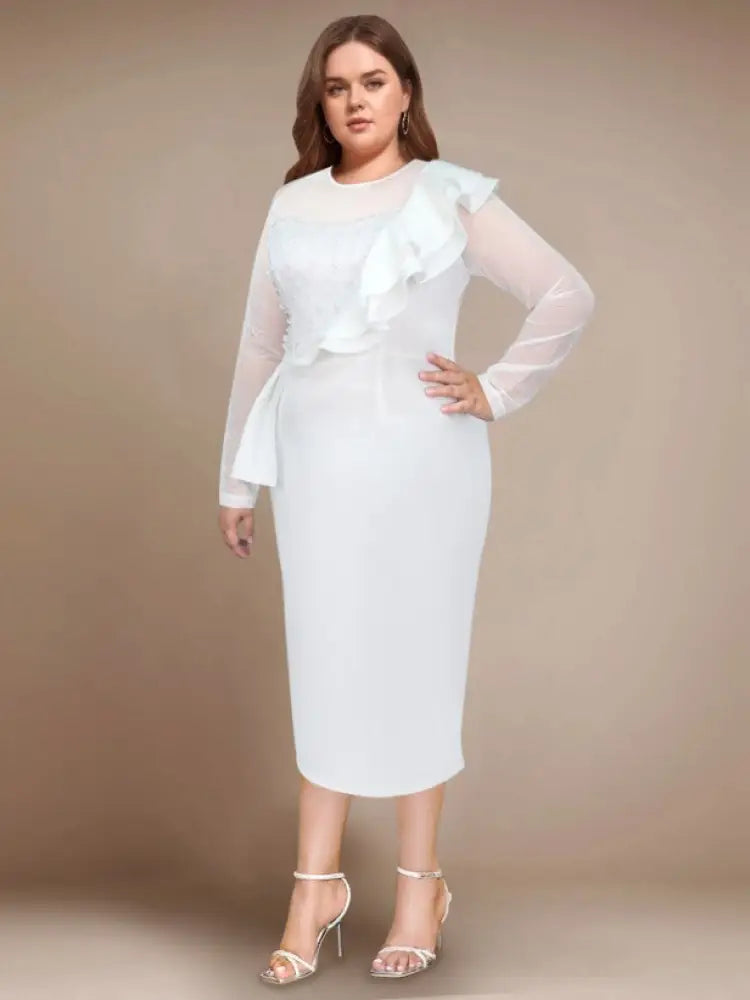 DRESS Beaded Sheath Dress Ruffles O Neck Sheer Mesh Long Sleeves