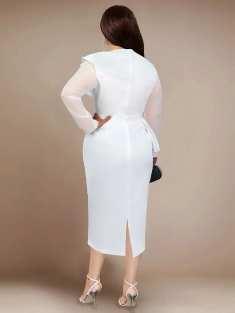 DRESS Beaded Sheath Dress Ruffles O Neck Sheer Mesh Long Sleeves