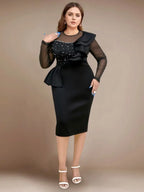 DRESS Beaded Sheath Dress Ruffles O Neck Sheer Mesh Long Sleeves