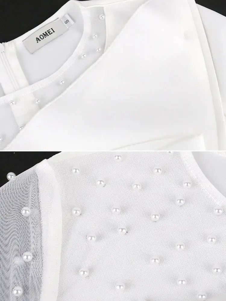 DRESS Beading Party Dress Peplum Sexy Long Sleeve Mesh Patchwork