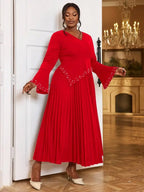 DRESS Beading Pleated A Line Dress V Neck Long Flare Sleeve Maxi
