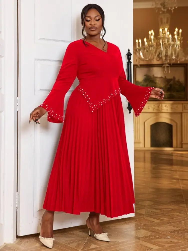 DRESS Beading Pleated A Line Dress V Neck Long Flare Sleeve Maxi