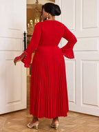 DRESS Beading Pleated A Line Dress V Neck Long Flare Sleeve Maxi