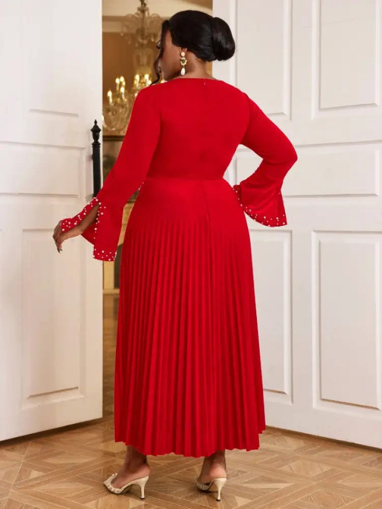 DRESS Beading Pleated A Line Dress V Neck Long Flare Sleeve Maxi