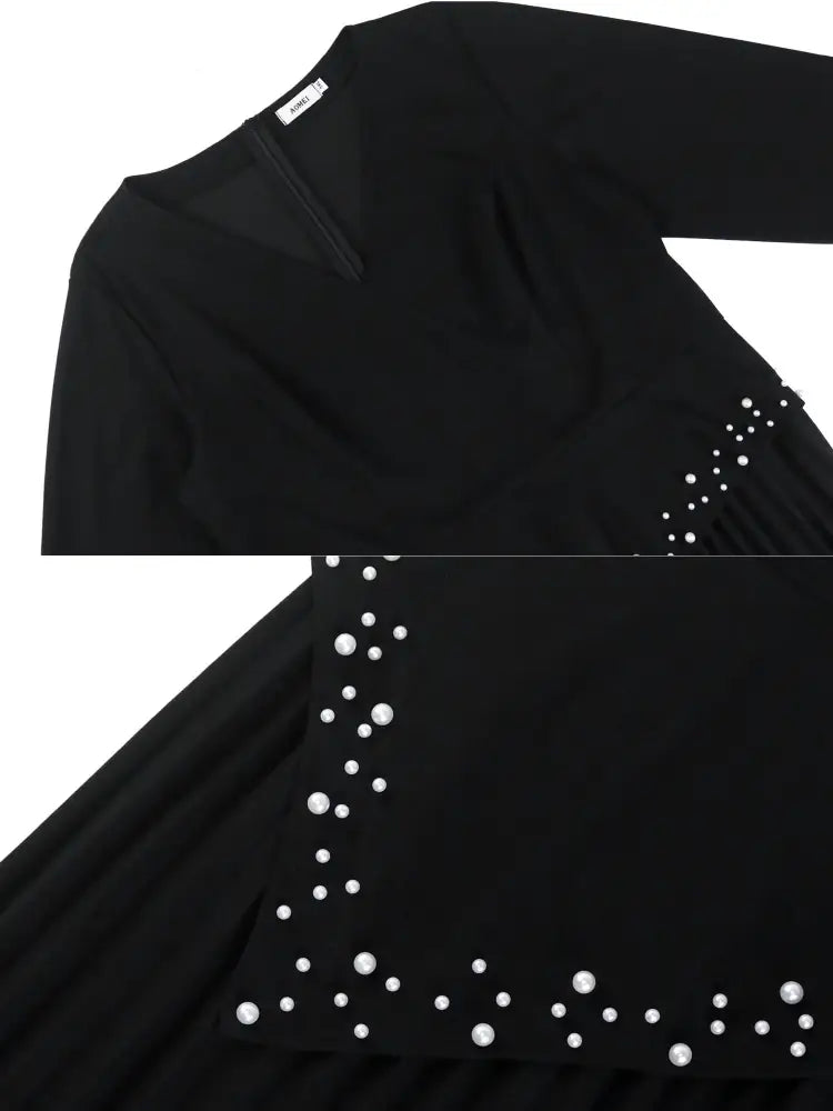 DRESS Beading Pleated A Line Dress V Neck Long Flare Sleeve Maxi