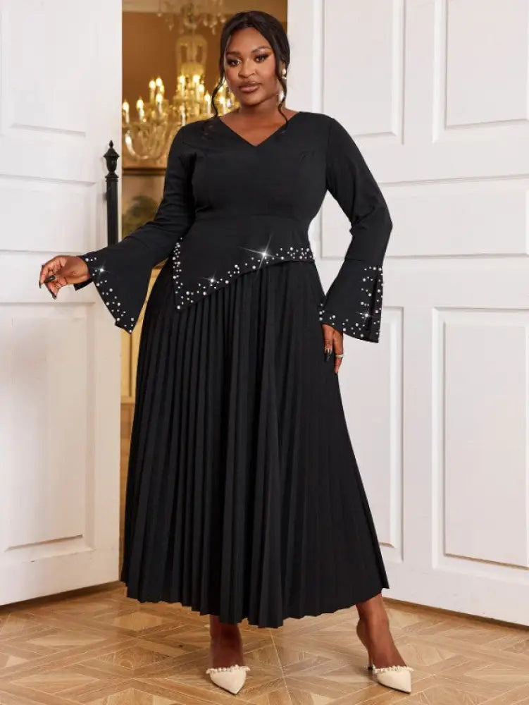 DRESS Beading Pleated A Line Dress V Neck Long Flare Sleeve Maxi