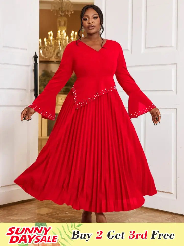 DRESS Beading Pleated A Line Dress V Neck Long Flare Sleeve Maxi