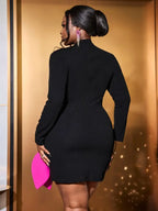 DRESS Black 3D Flower Mini Dress Mock Neck Nail Bead Long Sleeve