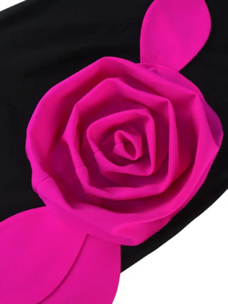DRESS Black 3D Flower Mini Dress Mock Neck Nail Bead Long Sleeve