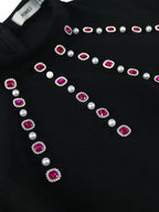 DRESS Black 3D Flower Mini Dress Mock Neck Nail Bead Long Sleeve