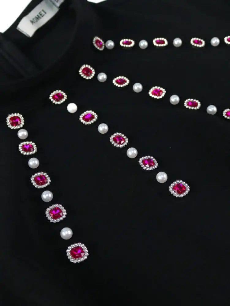DRESS Black 3D Flower Mini Dress Mock Neck Nail Bead Long Sleeve