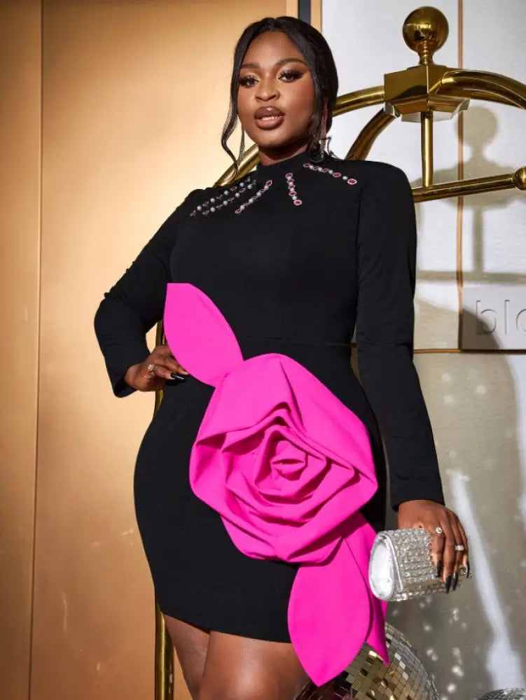 DRESS Black 3D Flower Mini Dress Mock Neck Nail Bead Long Sleeve
