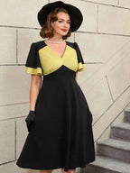 Black Ruffle Sleeve A Line Dress with Gold Patchwork Fabric