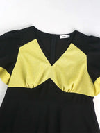 Black Ruffle Sleeve A Line Dress with Gold Patchwork Fabric