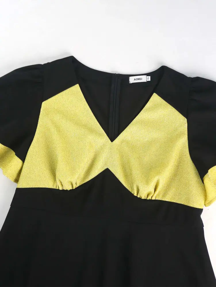 Black Ruffle Sleeve A Line Dress with Gold Patchwork Fabric