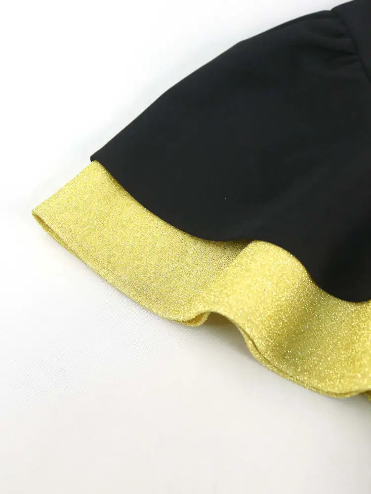 Black Ruffle Sleeve A Line Dress with Gold Patchwork Fabric