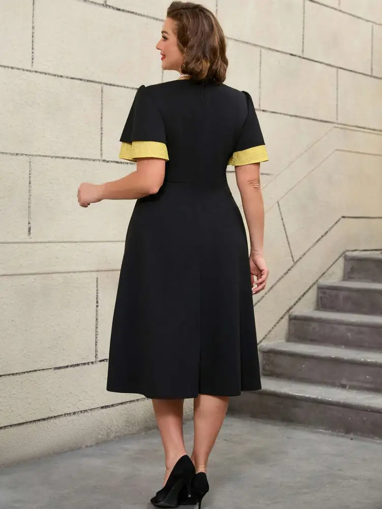 Black Ruffle Sleeve A Line Dress with Gold Patchwork Fabric