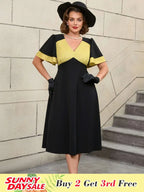 Black Ruffle Sleeve A Line Dress with Gold Patchwork Fabric