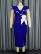 Blue Dresses for Wedding Color Block 3D Flower Ruffle Sleeve Formal Mother of the Bride Dresses