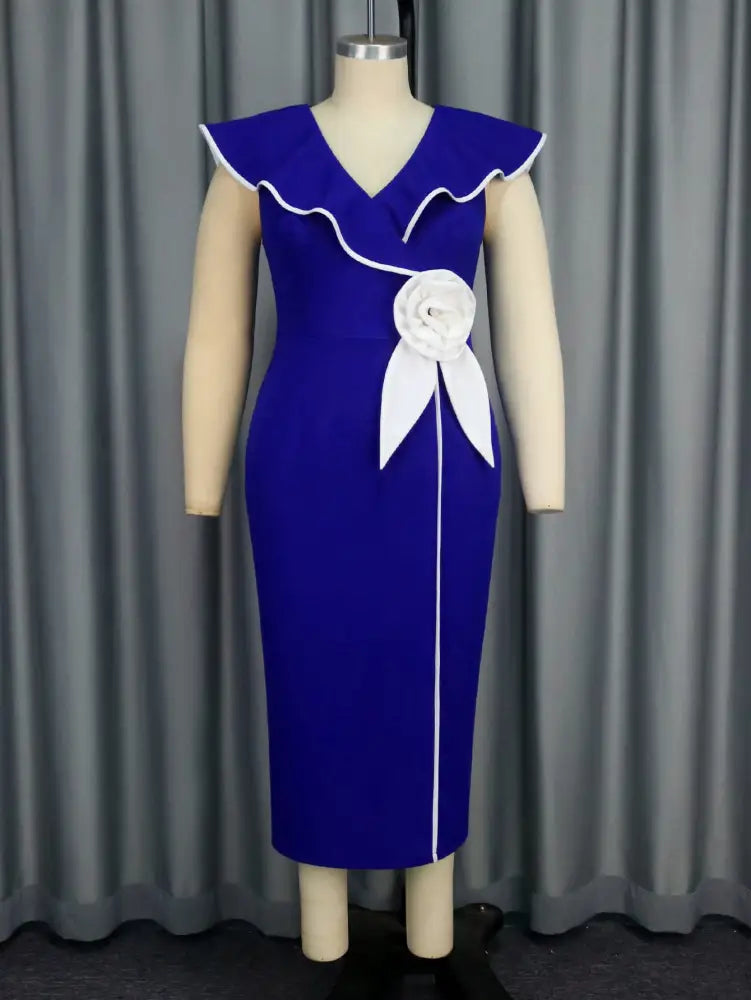 Blue Dresses for Wedding Color Block 3D Flower Ruffle Sleeve Formal Mother of the Bride Dresses