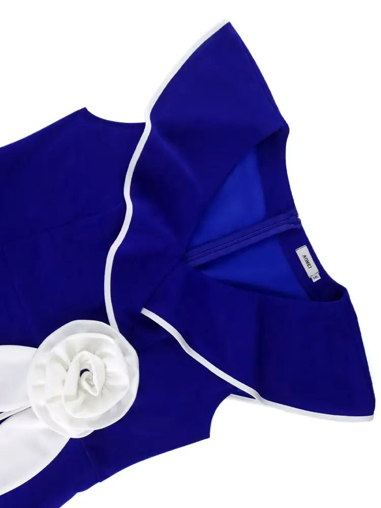 Blue Dresses for Wedding Color Block 3D Flower Ruffle Sleeve Formal Mother of the Bride Dresses