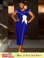 Blue Dresses for Wedding Color Block 3D Flower Ruffle Sleeve Formal Mother of the Bride Dresses