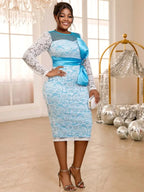 Blue Lace Dress Patchwork O Neck Long Sleeves Shiny Bowtie