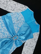 Blue Lace Dress Patchwork O Neck Long Sleeves Shiny Bowtie