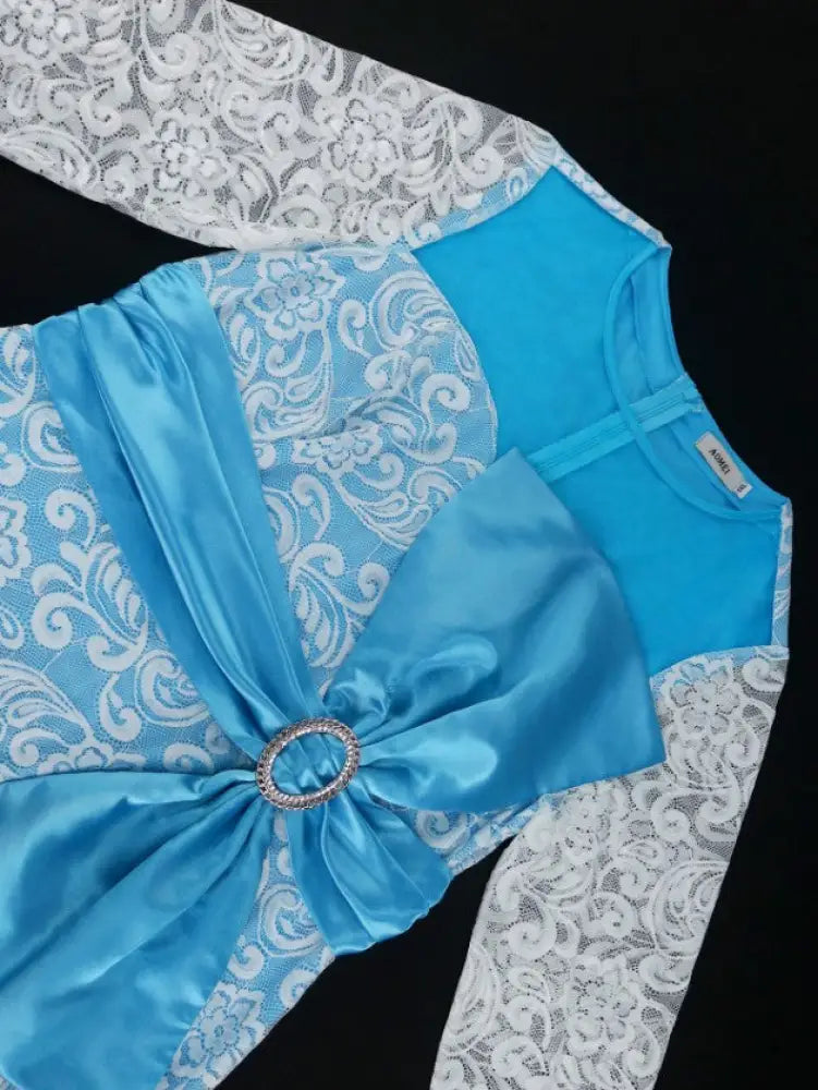 Blue Lace Dress Patchwork O Neck Long Sleeves Shiny Bowtie