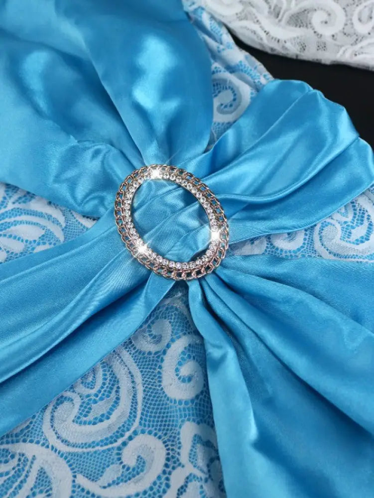 Blue Lace Dress Patchwork O Neck Long Sleeves Shiny Bowtie