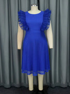 Blue Mesh Party Dress O Neck Ruffles Fish Net A Line