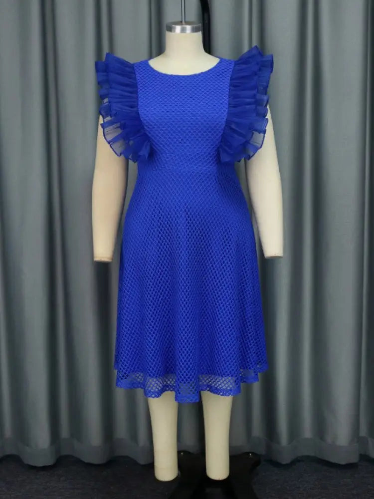 Blue Mesh Party Dress O Neck Ruffles Fish Net A Line