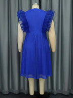 Blue Mesh Party Dress O Neck Ruffles Fish Net A Line